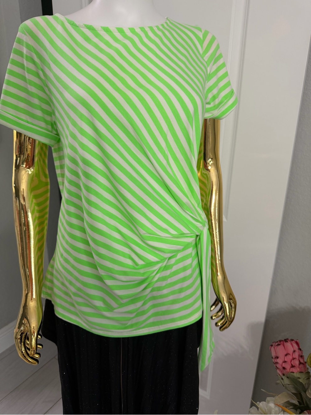 Striped Short-Sleeve Twist Front Top in Neon Green M
